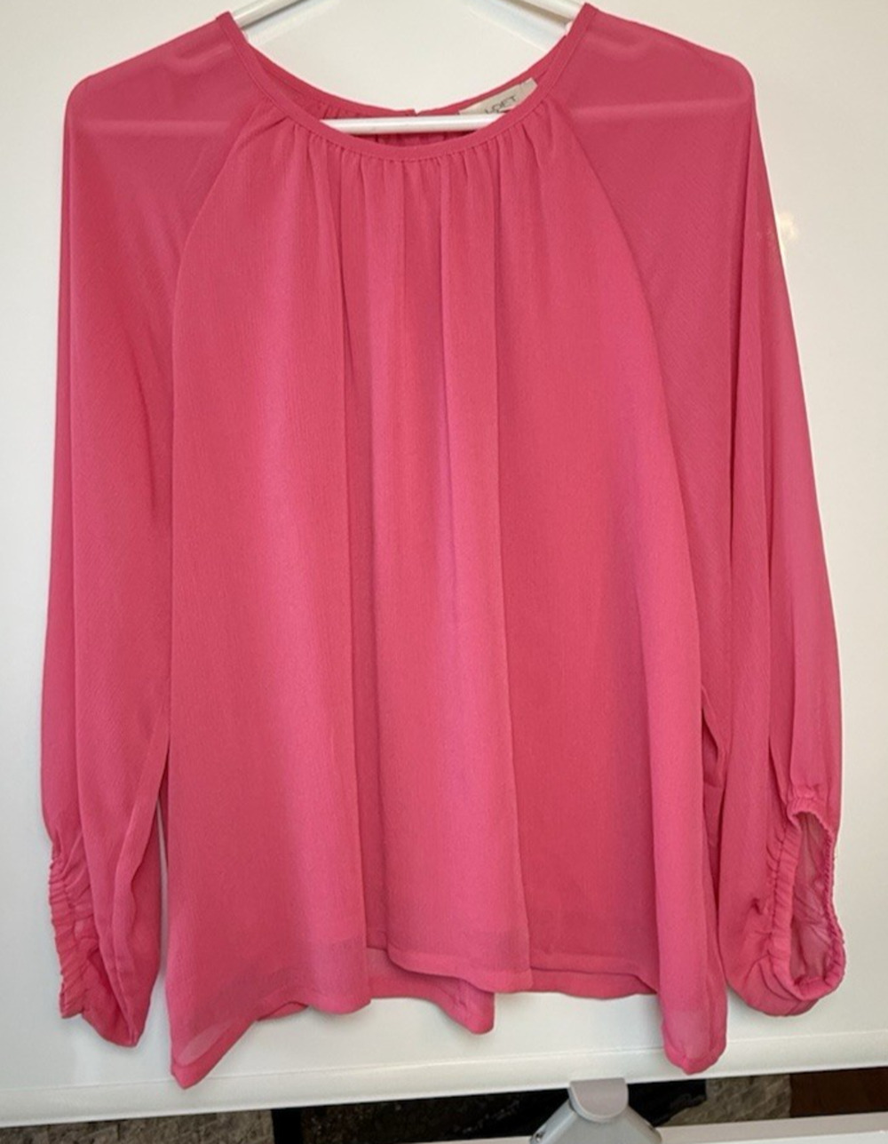 LOFT Pink Blouse M Sheer Balloon Sleeve Flowy Top Keyhole Back Lined